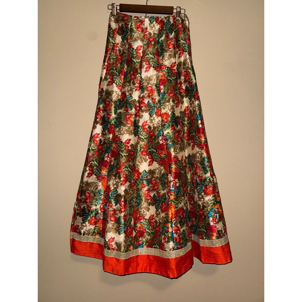 Vintage Handmade Floral Tapestry MaxiSkirt OrangeGold Trim Pleated Boho 38 Retro